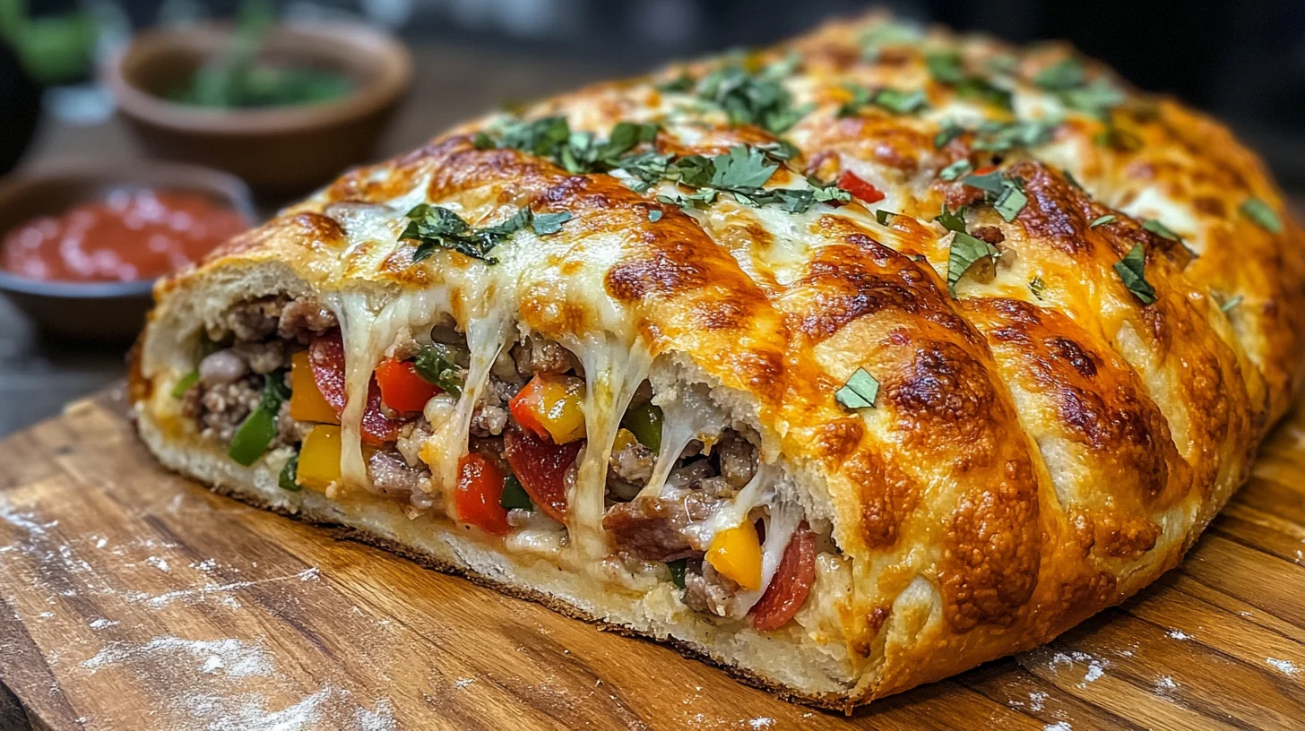 Close-up of a sliced piece of garbage bread showing melted cheese and savory fillings.